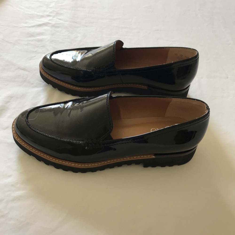 Womens Franco Sarto black patent leather loafers